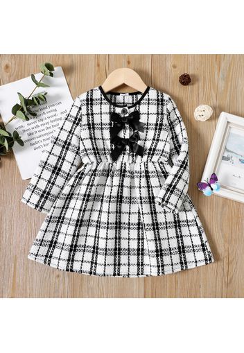 Toddler Girl Tweed Plaid Bowknot Design Long-sleeve Dress