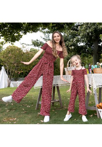 Floral Print Off Shoulder Shirred Short-sleeve Belted Jumpsuits for Mom and Me