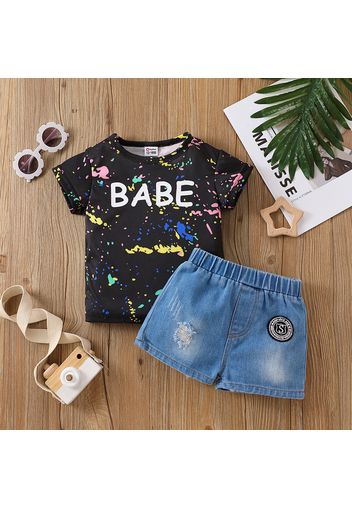 2pcs Baby Boy Letter Print Graffiti Short-sleeve Tee and Ripped Denim Shorts Set