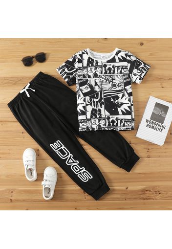 2pcs Kid Boy Allover Print Short-sleeve Tee and Letter Print Black Pants Set