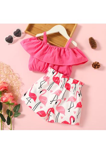 2-piece Toddler Girl Flounce Off Shoulder Strap Pink Tee and Flamingo Print Paperbag Shorts Set