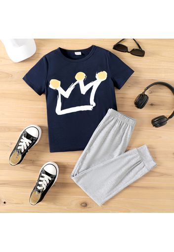 2pcs Kid Boy Crown Print Short-sleeve Dark Blue Tee and Elasticized Pants Set