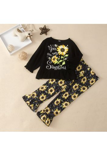 2-piece Baby / Toddler Girl Sunflower Letter Print Ruffled Long-sleeve Top and Allover Pants Set