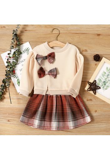 2-piece Toddler Girl Bowknot Design Sweatshirt and Plaid Skirt Set