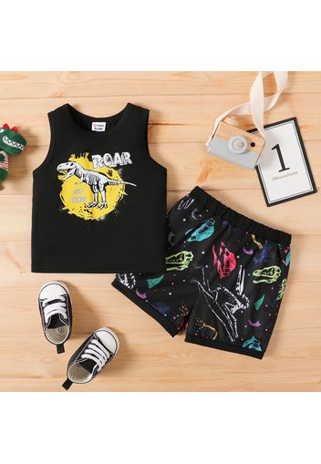 2pcs Baby Boy Dinosaur & Letter Print Black Tank Top and Shorts Set