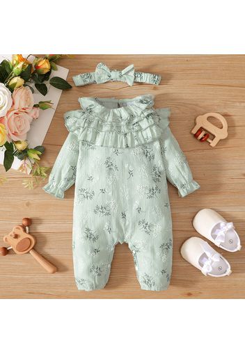 100% Cotton 2pcs Floral Print Flounces Baby Long-sleeve Jumpsuit Set