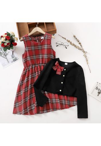 2-piece Kid Girl Christmas Sleeveless Plaid Dress and Bowknot Button Design Black Cardigan Set