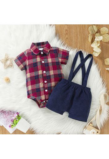 2pcs Baby Girl Button Up Short-sleeve Plaid Romper and Cartoon Dog Design Suspender Shorts Set