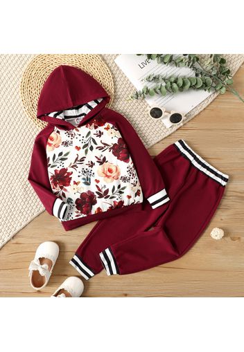 2-piece Toddler Girl Floral Print Striped Hoodie Sweatshirt and Elasticized Burgundy Pants Set