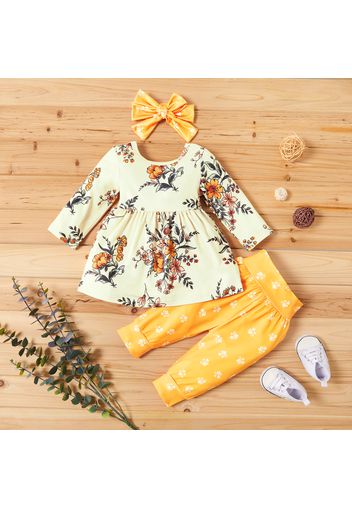 3pcs Floral Allover Long-sleeve Yellow Baby Set