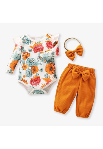 Baby 3pcs Floral Print Long-sleeve Romper and Solid Waffle Trouser Set