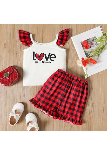 Mother's Day 2pcs Toddler Girl Letter Heart Print Flutter-sleeve Tee and Ruffled Red Plaid Shorts Set