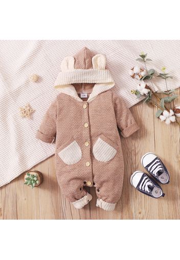 Baby Boy/Boy Heathered Knit Button Down 3D Ears Hooded Jumpsuit