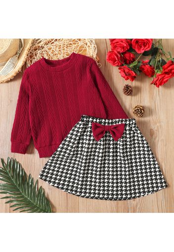 2-piece Toddler Girl Cable Knit Textured Sweater and Bowknot Design Houndstooth Skirt Set