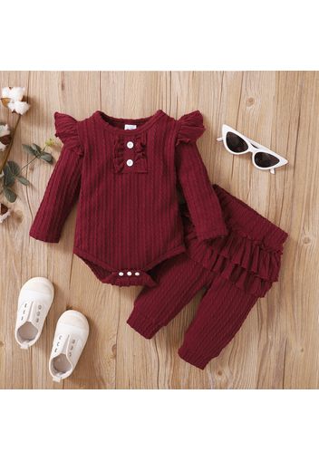 2pcs Baby Girl Solid Cable Knit Long-sleeve Romper and Layered Ruffle Trousers Set