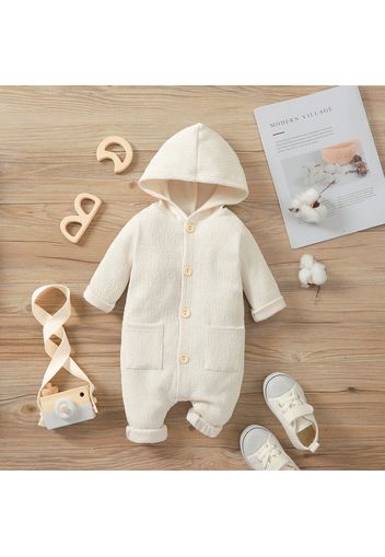 Baby Boy/Girl Button Front Solid Textured Hooded Long-sleeve Jumpsuit
