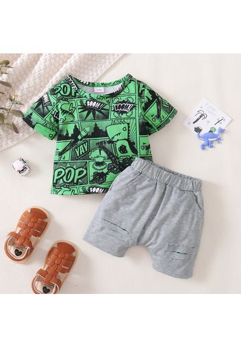 2pcs Baby Boy Allover Comics Print Short-sleeve T-shirt and Solid Shorts Set