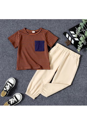 2pcs Toddler Boy Casual Stripe Pocket Design Tee and Pants Set