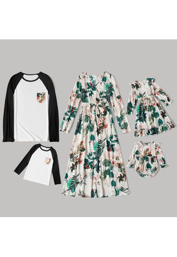 Family Matching Floral Pint Long-sleeve Belted Dresses and Raglan-sleeve T-shirts Sets
