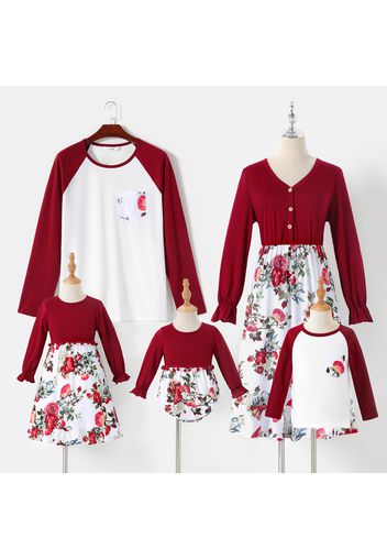 Family Matching Red Splicing Floral Print Long-sleeve Midi Dresses and Raglan-sleeve T-shirt Set