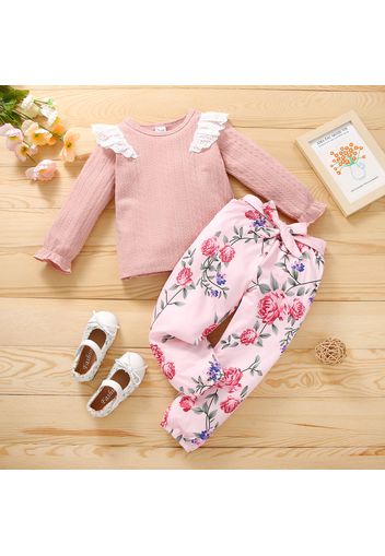 2-piece Toddler Girl Ruffled Schiffy Cable Knit Textured Long-sleeve top and Floral Print Belted Pants Set