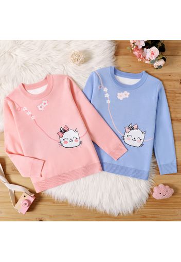 Kid Girl Sweet Floral Cat Print Knitwear Sweater