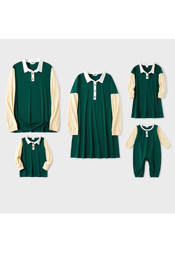 Colorblock Long-sleeve Family Matching Polo Shirts and Dresses Sets