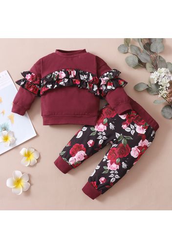 2-piece Toddler Girl Ruffled Floral Print Pullover Sweatshirt and Elasticized Pants Set