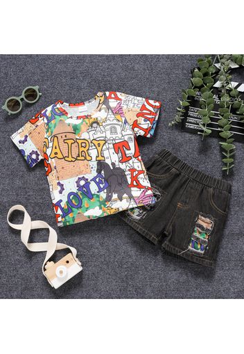 2pcs Toddler Boy Playful Ripped Denim Shorts and Letter Painting Print Tee Set