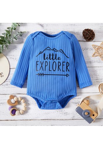 Baby Boy Letter Print Blue Ribbed Long-sleeve Romper