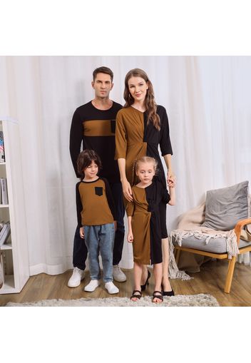 Family Matching Color Block Twist Knot Dresses and Long-sleeve T-shirts Sets