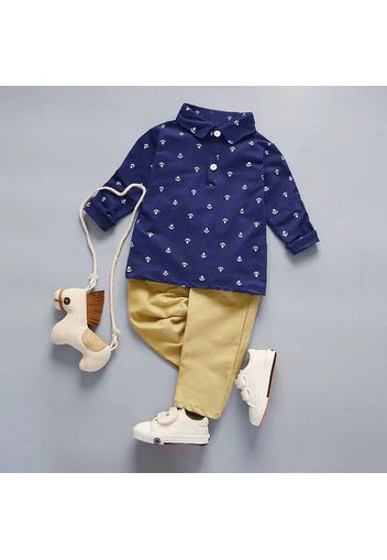 2pcs Toddler Boy Casual Anchor Print Long-sleeve Polo Shirt and Khaki Pants Set