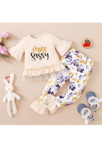 Cotton 2pcs Baby Girl Letter Print Bell Sleeve Ruffle Top and Floral Print Leggings Set