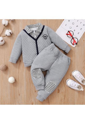 2pcs Baby Preppy Style Thickened Grey Long-sleeve Plaid Splicing Lapel Top and Trousers Set