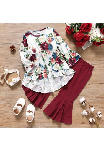 2-piece Toddler Girl Floral Print Bell sleeves Ruffle High Low Top and Red Flared Pants Set