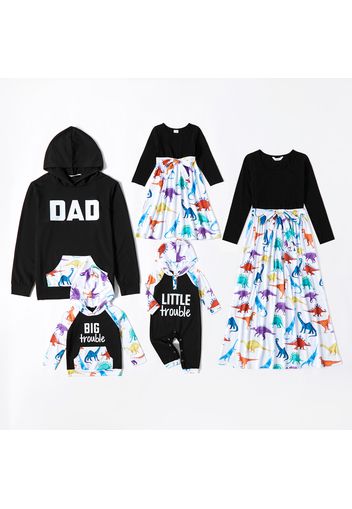 Family Matching Splicing Midi Dresses and Dinosaur Letter Print Long-sleeve Hoodies Sets