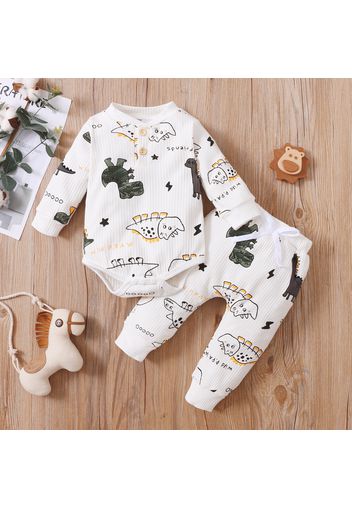 Baby 2pcs Ribbed Stripe and Dinosaur Print Long-sleeve Romper Set