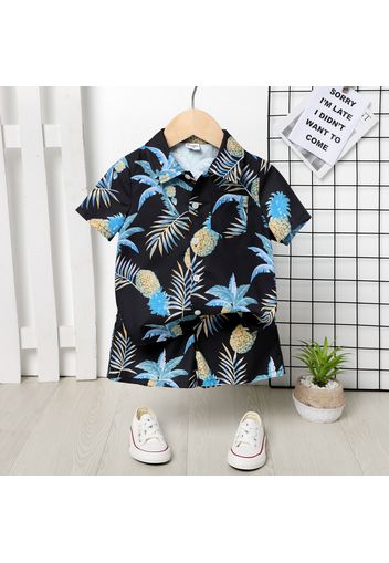 2pcs Toddler Boy Floral Print Lapel Collar Short-sleeve Shirt and Elasticized Shorts Set