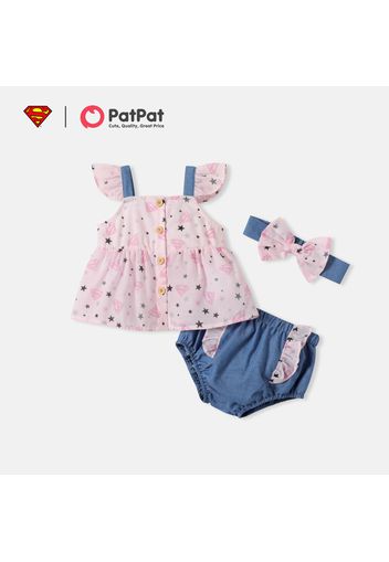 Superman 3pcs Baby Girl All Over Print Flutter-sleeve Button Up Top and Ruffle Shorts with Headband Set