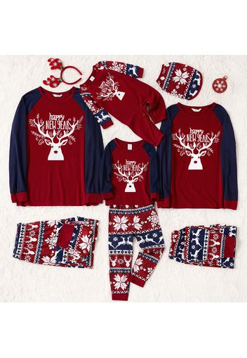 Christmas Deer and Letter Print Red Family Matching Raglan Long-sleeve Pajamas Sets (Flame Resistant)