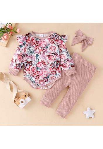 3pcs Baby Girl Pink Floral Print Long-sleeve Romper and Solid Ribbed Trousers Set