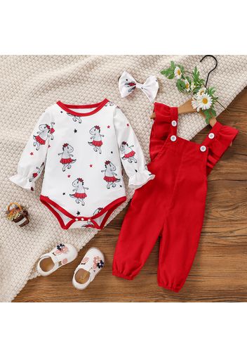 3pcs Baby Cartoon Elephant Print Long-sleeve Romper and Pink Corduroy Ruffle Overalls Set