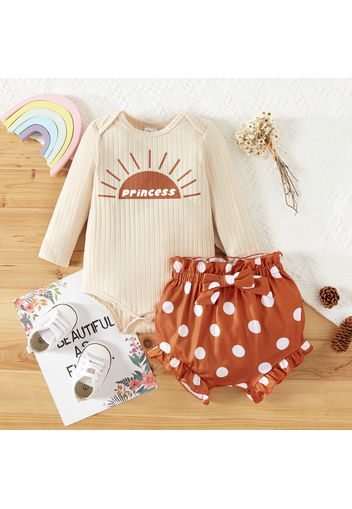 2pcs Baby Girl Letter Print Ribbed Long-sleeve Romper and Polka Dots Ruffle Shorts Set