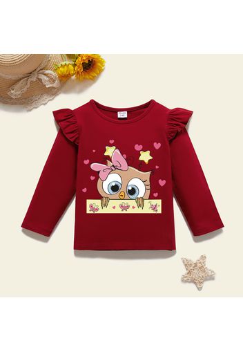 Toddler Girl Graphic Owl and Heart-shaped Print Ruffled Long-sleeve Tee