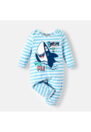 Baby Boy Cartoon Shark and Letter Print Striped Long-sleeve Jumpsuit