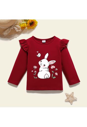 Toddler Graphic Rabbit and Floral and Bird Print Ruffled Long-sleeve Tee