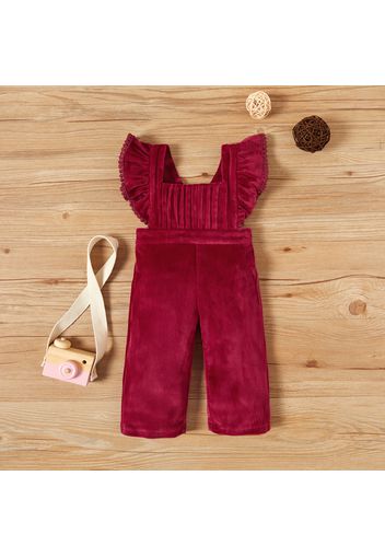 Solid Velvet Ruffle and Tassel Decor Flutter-sleeve Baby Jumpsuit