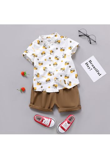 2pcs Toddler Boy Animal Bee Print Button Design Short-sleeve Shirt and Brown Shorts Set