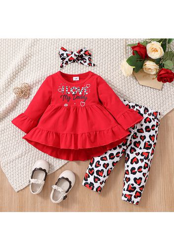 3pcs Baby Girl 95% Cotton Long-sleeve Letter Print Ruffle Hem Dress and Leopard Leggings with Headband Set