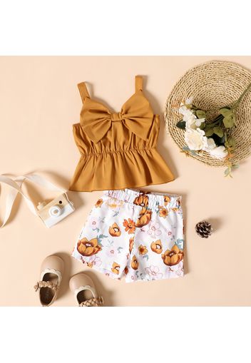 2-piece Toddler Girl Bowknot Design Peplum Camisole and Floral Print Shorts Set